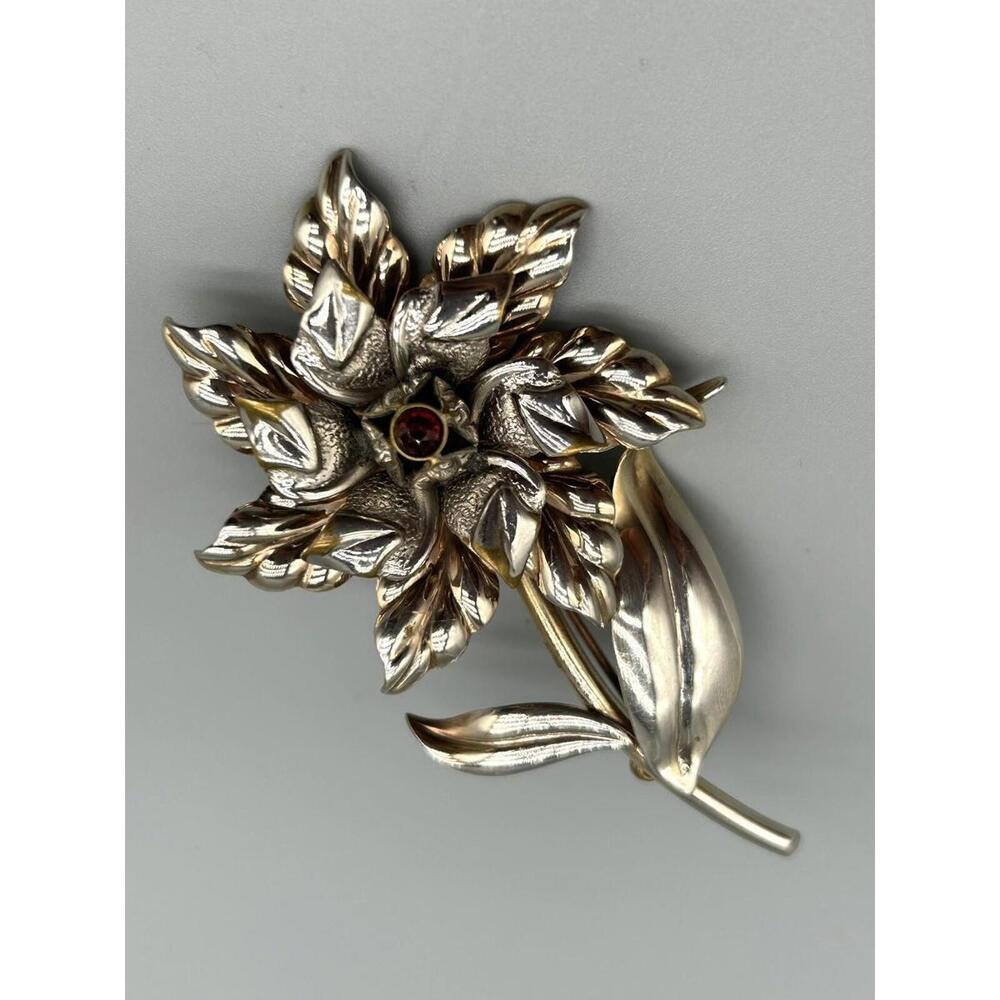 Vintage Industria Argentina Red Garnet Silver Flower Brooch Pin